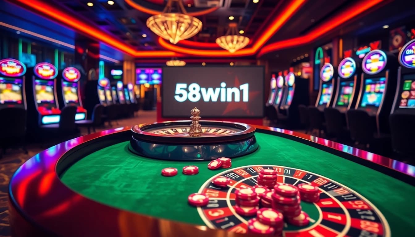 Gameplay on the exquisite roulette table highlighting the 58win1 logo in a vibrant casino setting.