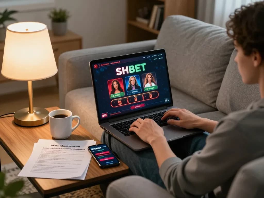 Engaging with SHBET casino games on a laptop while managing bankroll notes in a cozy home setting.
