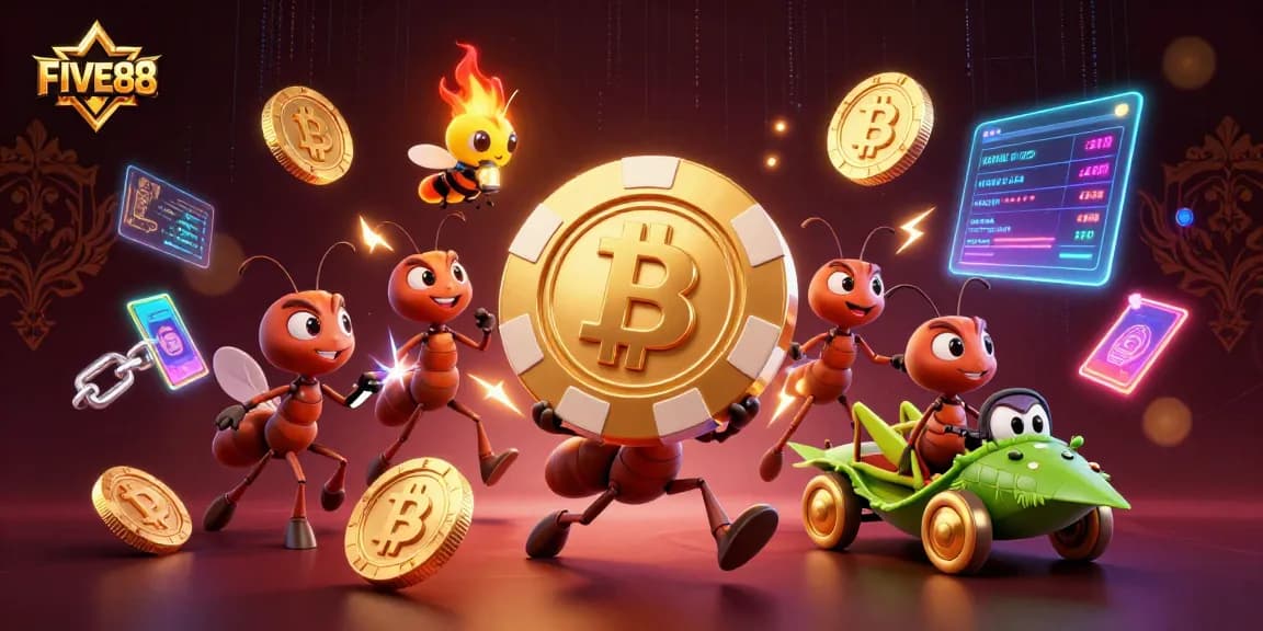 Engage in thrilling gaming adventures at FIVE88 with vibrant 3D illustration of playful ants and golden poker chips.