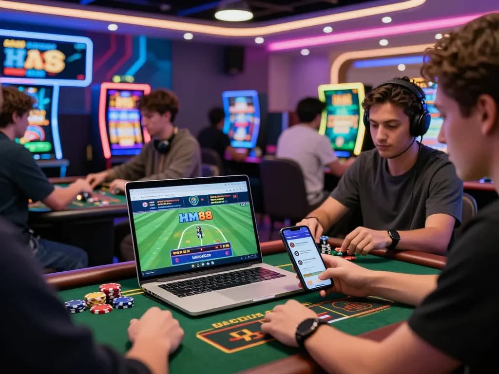 Exciting online gaming experience with HM88 logo, colorful chips, and players engaged in sports betting.