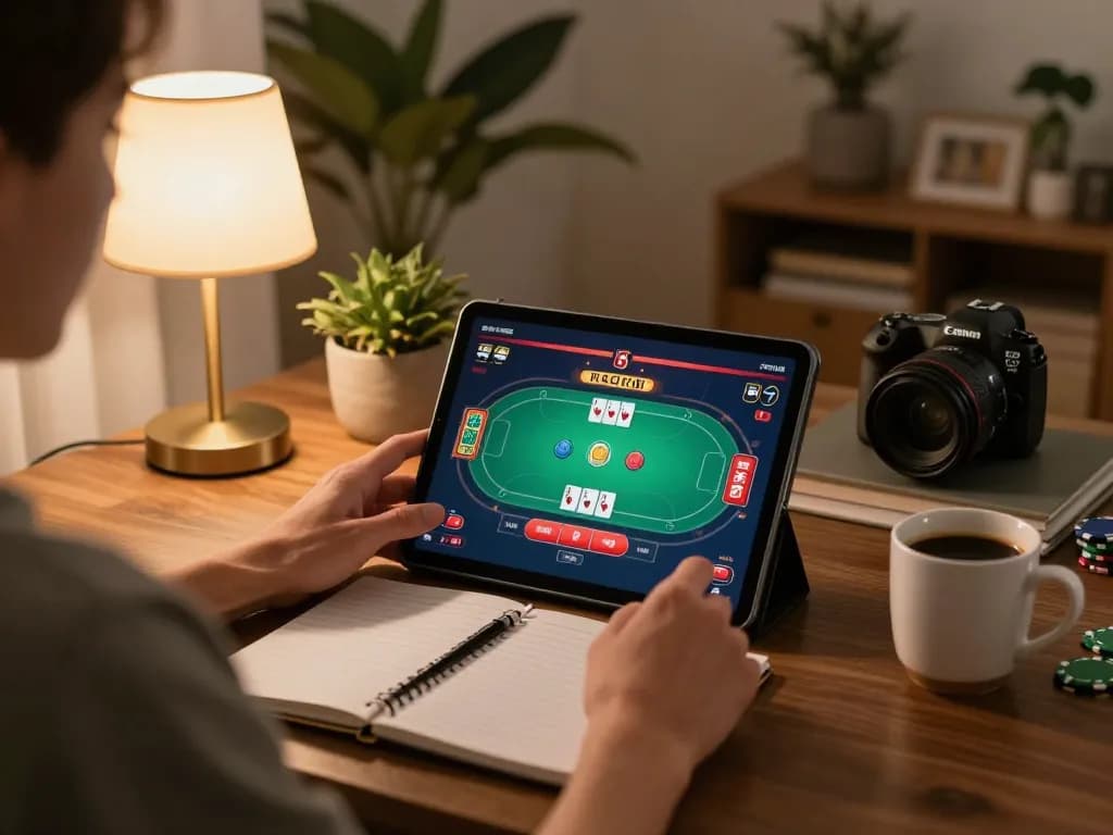 Player engaging with the 88vv LINK platform on a tablet, showcasing an online poker game.