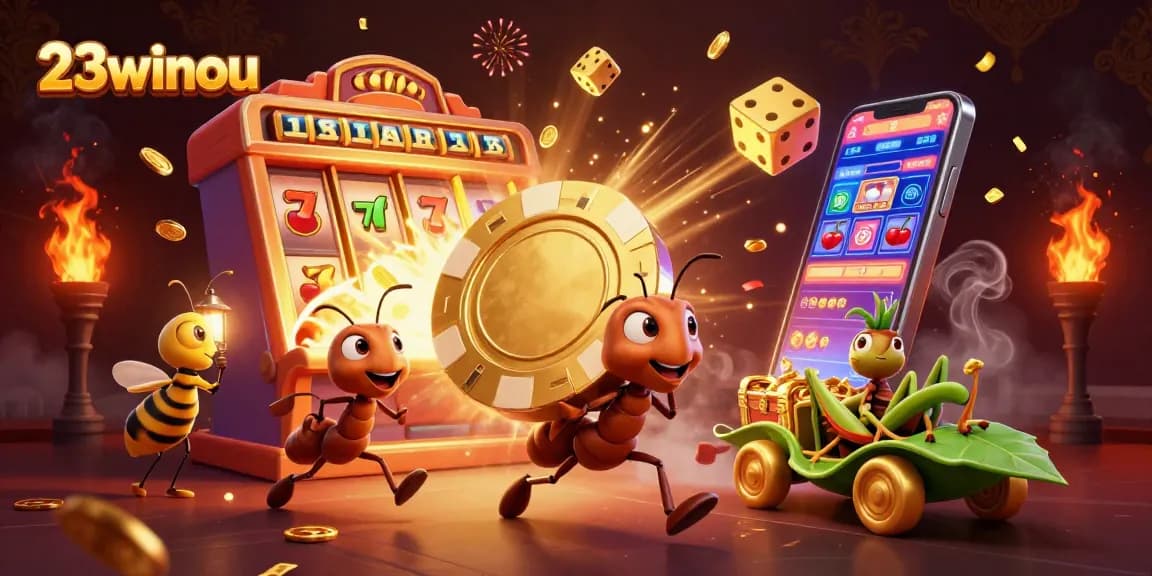 Experience dynamic gaming excitement at 23winou with ants running a heist for a giant poker chip amidst casino chaos.