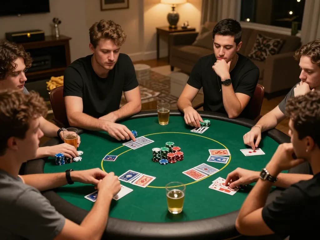 Engaged players enjoying a friendly poker game at kuwin1, showcasing strategy and camaraderie in a cozy setting.