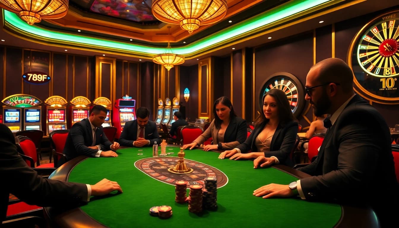 Players engage in a thrilling poker game at 789F's luxury casino table.