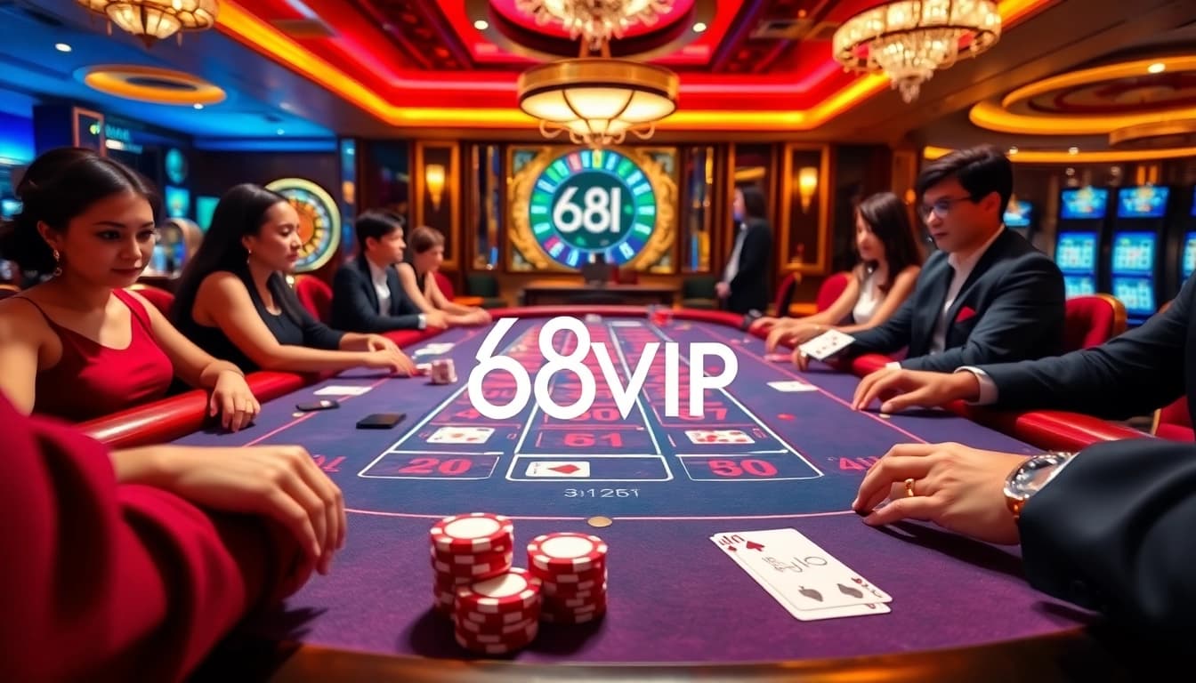 Players enjoying an exciting baccarat game at Nhà Cái 68VIP with glamorous betting chips and cards.