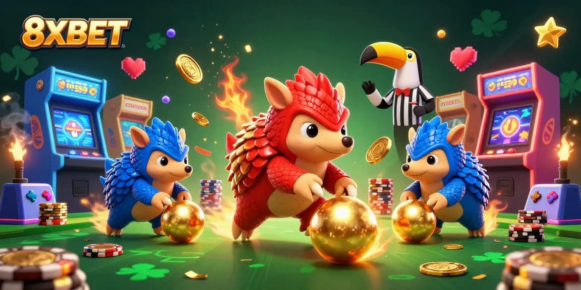 Experience the vibrant action of 8XBET with pangolins rolling into golden poker chips amid colorful arcade elements.