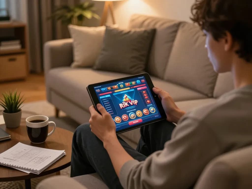 Engaging in a rik vip online gaming session with strategy notes in a cozy home environment.