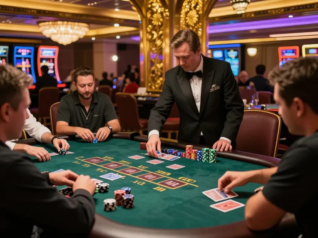 Engaging blackjack gameplay scene at one88 casino, showing players focused and chips stacked for strategic betting