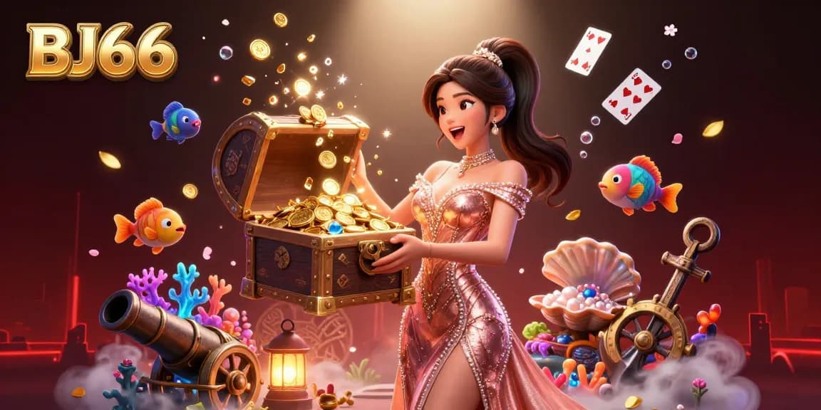 Experience the thrill of BJ66 with a stunning treasure chest overflowing with riches amidst a vibrant casino atmosphere.