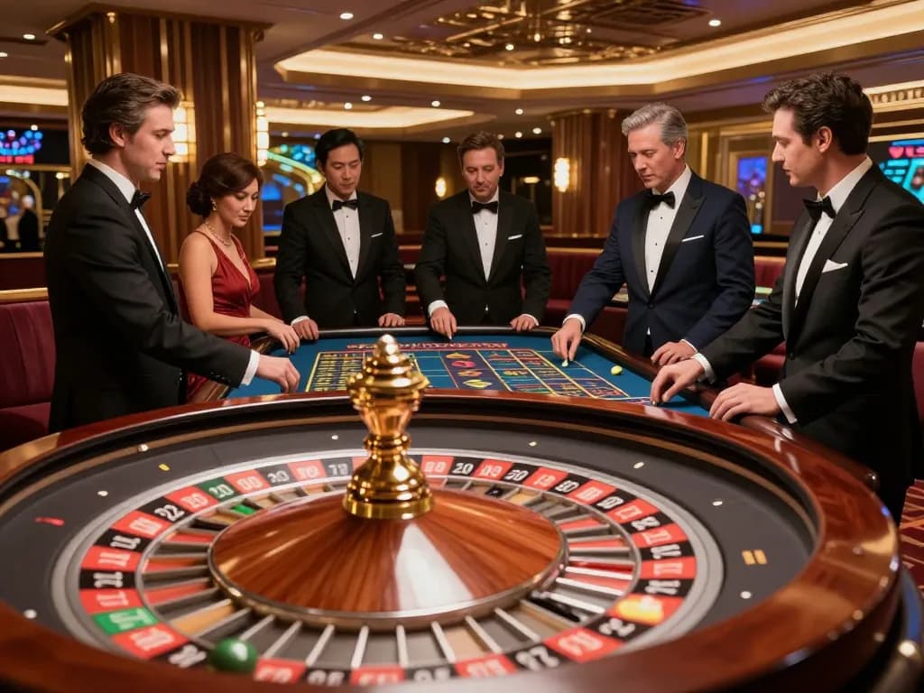 Lu88 players engaging in a thrilling roulette game with dealer spinning the wheel in a luxury casino.