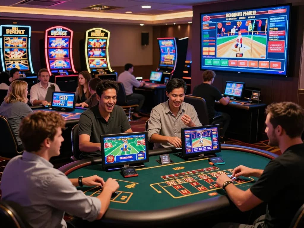 Diverse players enjoying the immersive experience on 23win's online casino platform, showcasing vibrant games and joyful engagement.