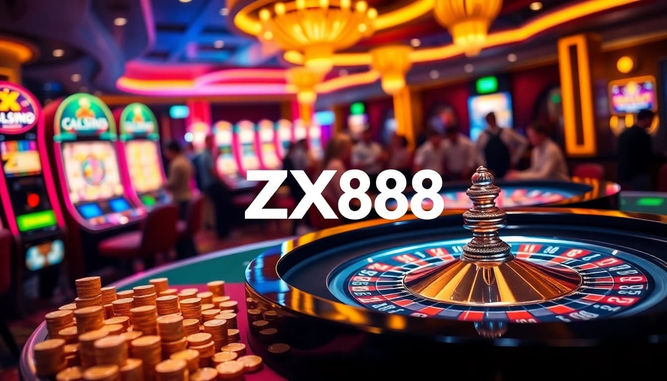 Experience the thrill of ZX88 at a luxurious casino with roulette, slot machines, and eager players.