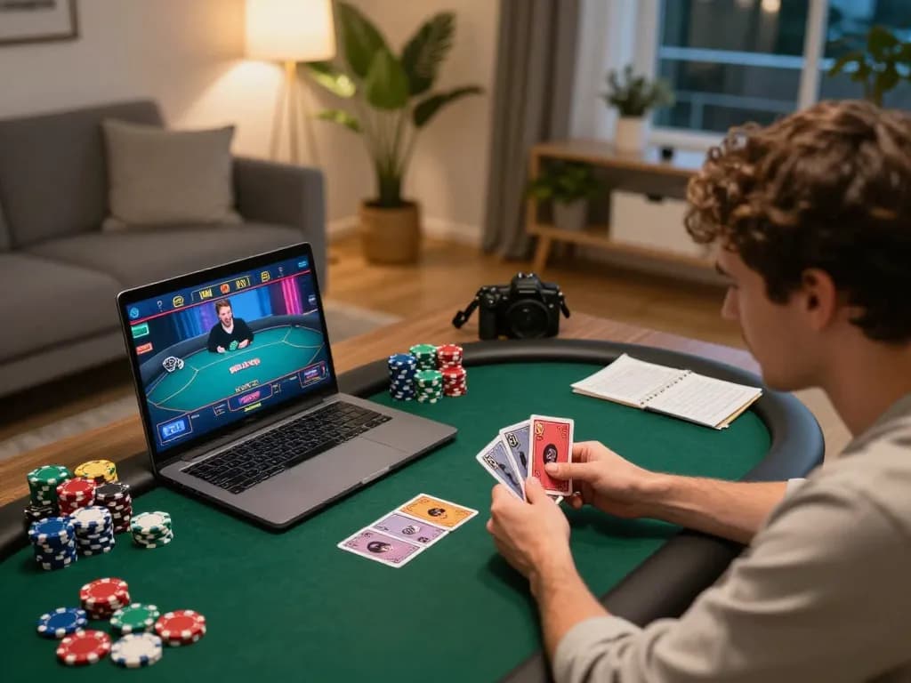 Player enjoying an online poker game at home with XX88, showcasing cards and strategy notes.