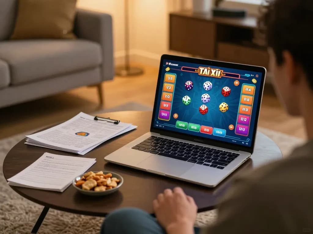 Tài Xỉu Sunwin gameplay on a laptop in a cozy home setting with strategic notes and snacks
