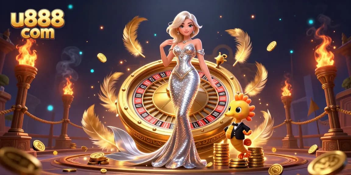 Engage with u888 com in captivating gameplay featuring a stunning woman by a golden roulette wheel and vibrant casino elements.