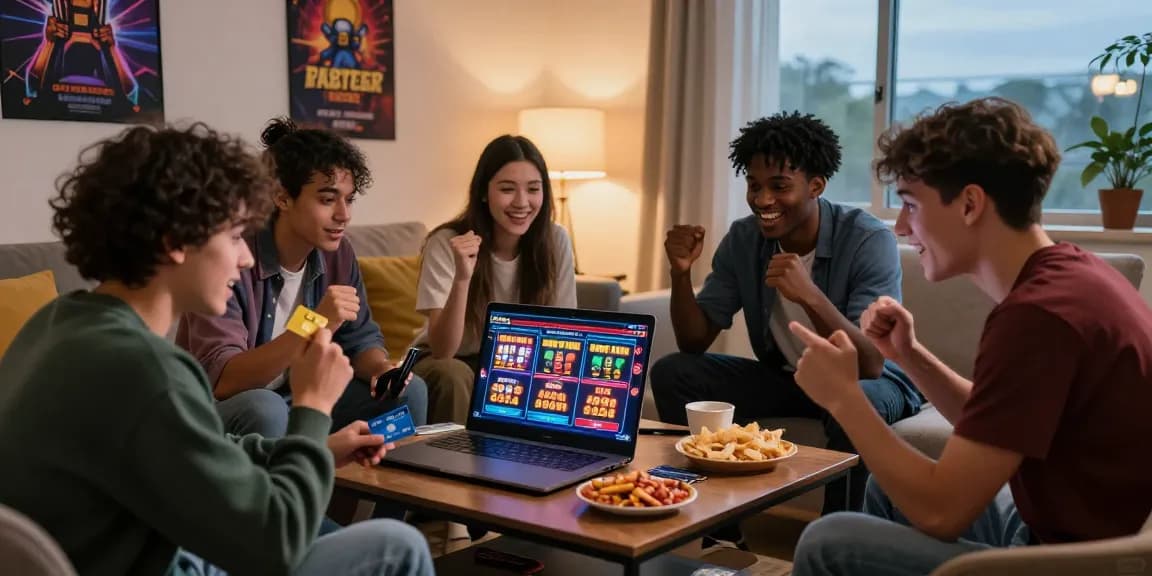 Exploring top credit card casinos with friends in a cozy living room filled with excitement and gaming posters.