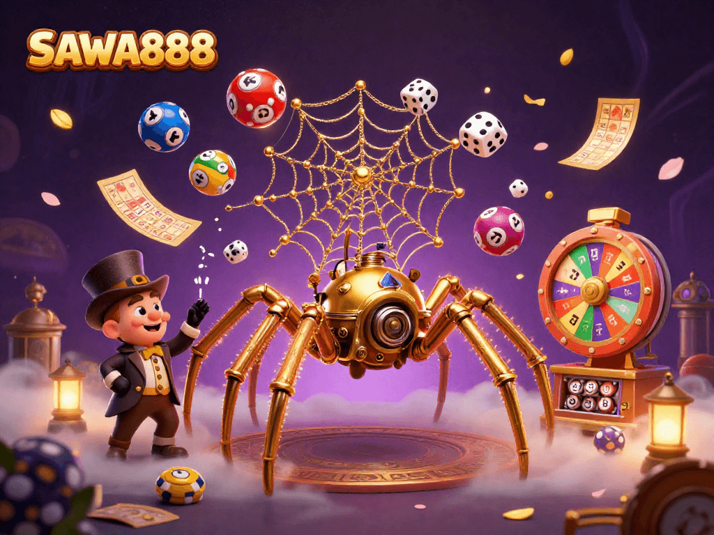 Experience thrilling gameplay with SAWA888 as golden spider and fly gentleman navigate a whimsical casino scene.