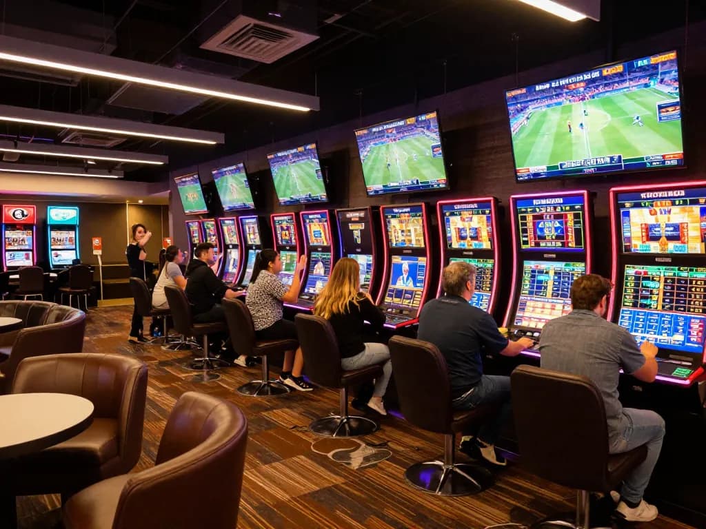 Dynamic scene of sports enthusiasts betting on 1gom with screens displaying live games in a vibrant casino lounge.