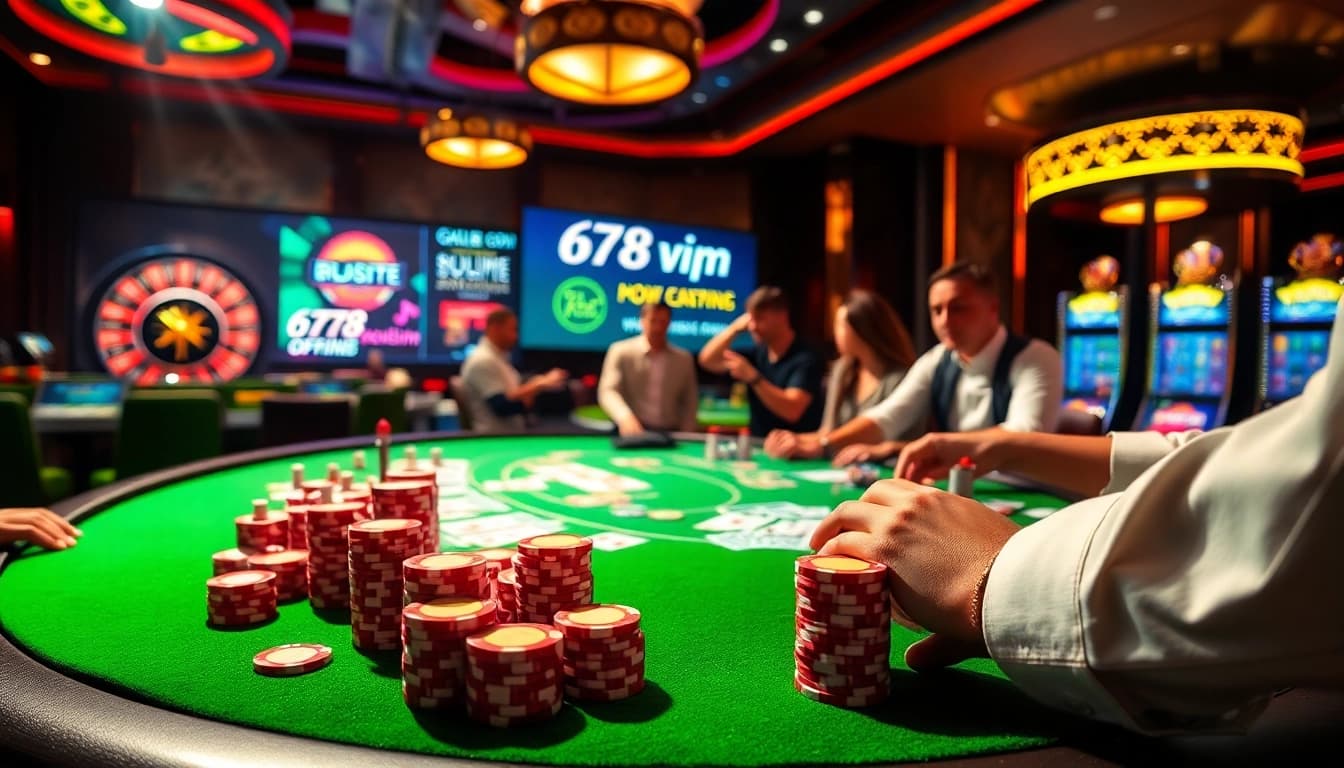 A vibrant gaming scene at 678vip.com capturing a poker game with colorful chips and cards.