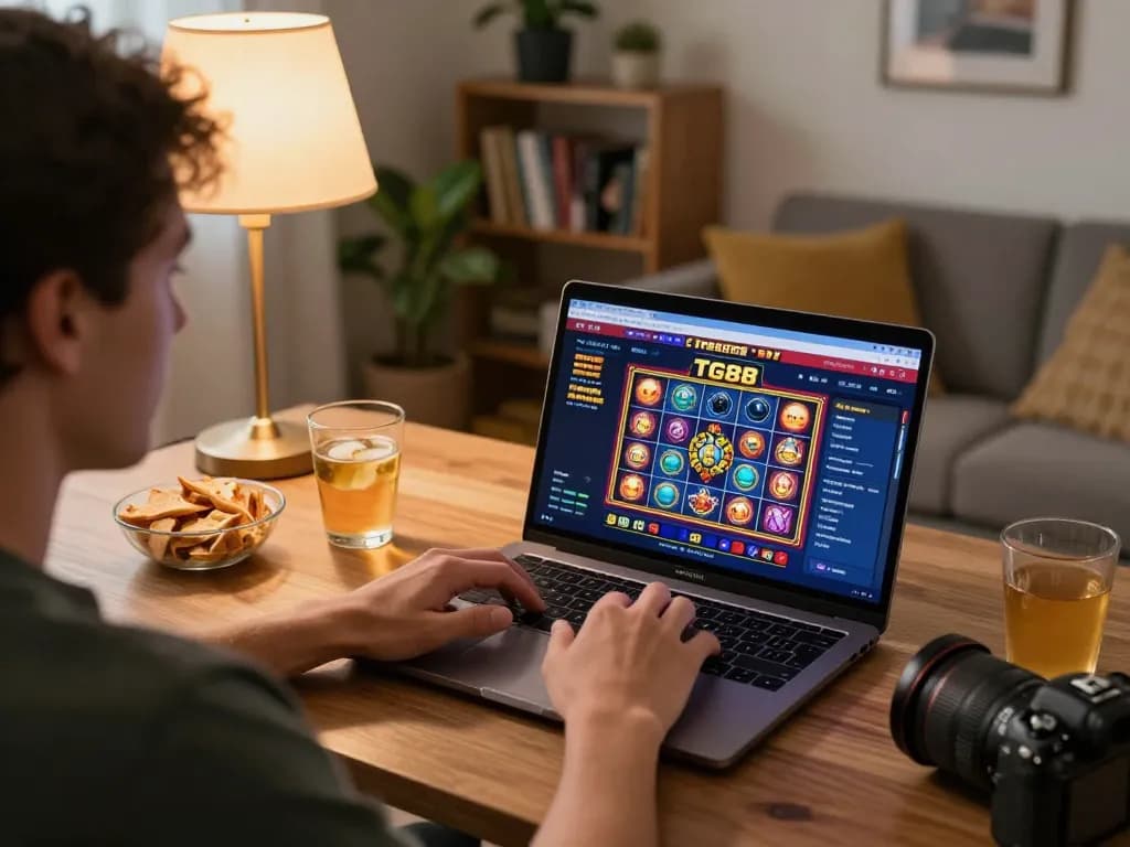 Engaging with the TG88 link for online gaming, showcasing vibrant slot games on laptop.