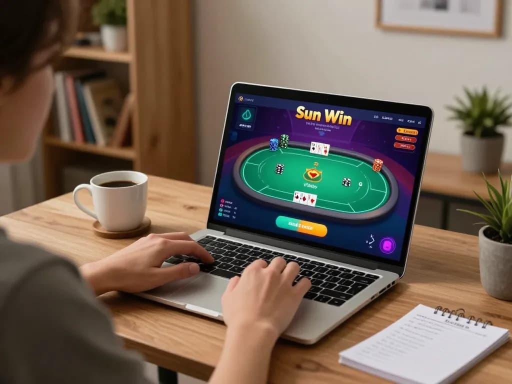 Tải Sun Win app on laptop for an engaging online poker game in a cozy home setting.