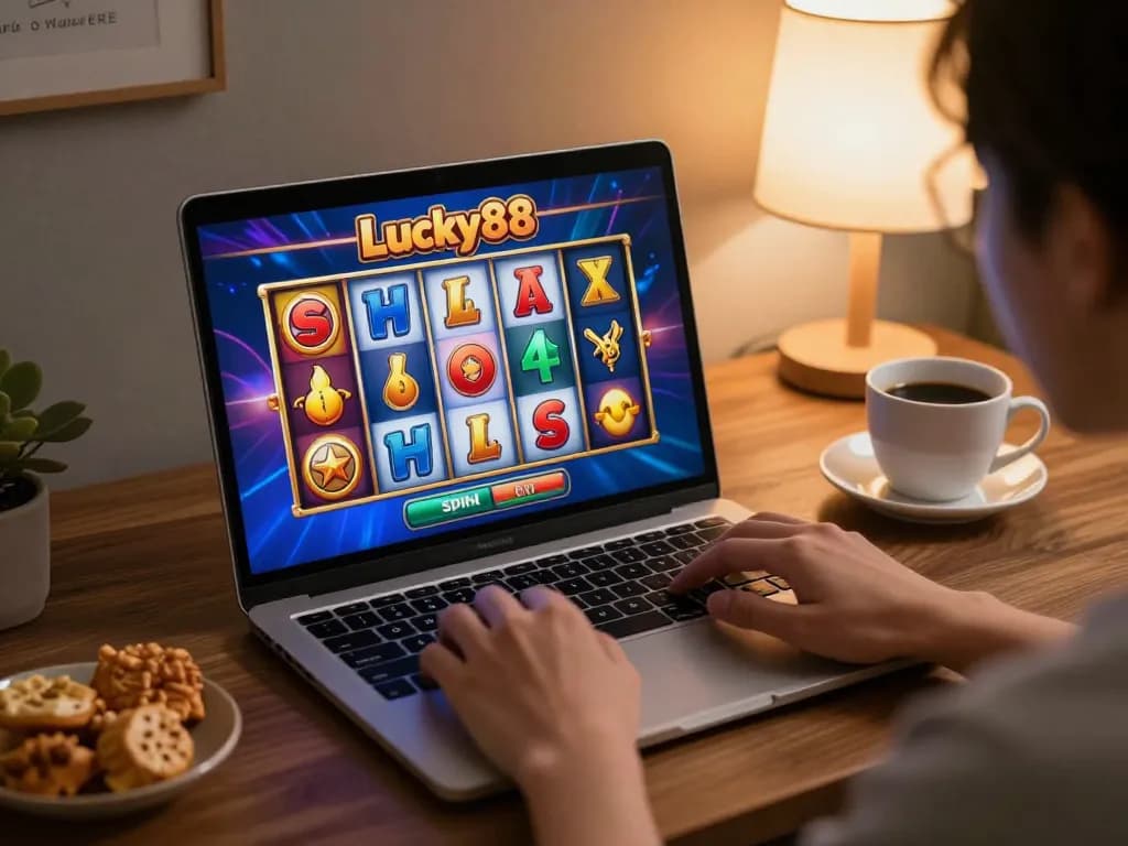 Engaging in the Lucky88 slot game, a player prepares to spin the reels at home.