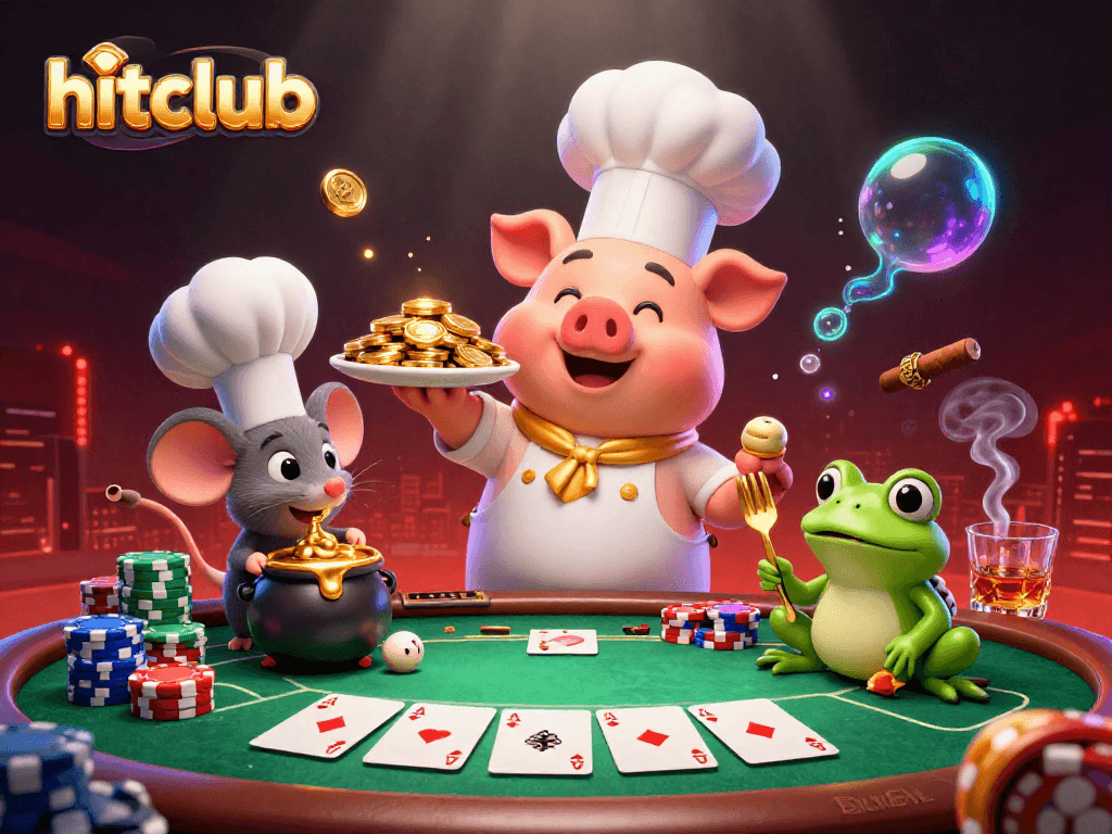Engage with hitclub as a pig chef serves golden coins amidst vibrant casino elements.