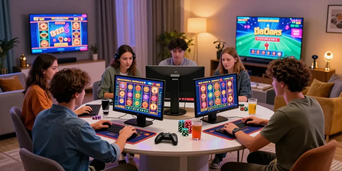 Group enjoying gaming at credit card casinos inspired by mvc.org.uk, showcasing lively atmosphere and modern gaming.