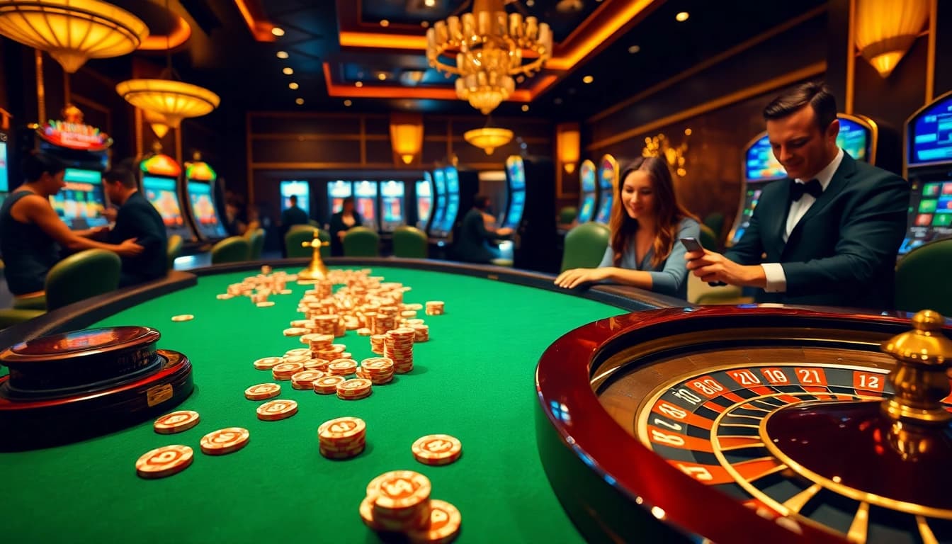 Exciting casino gaming scene with players engaged around a luxurious poker table and roulette wheel, showcasing the thrill of 8XX betting.