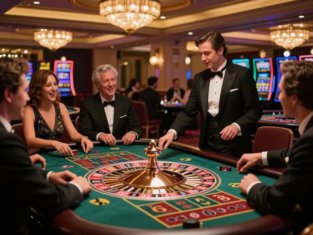 Engaging roulette gameplay tại CM88 with croupier and excited players in a luxury casino atmosphere.