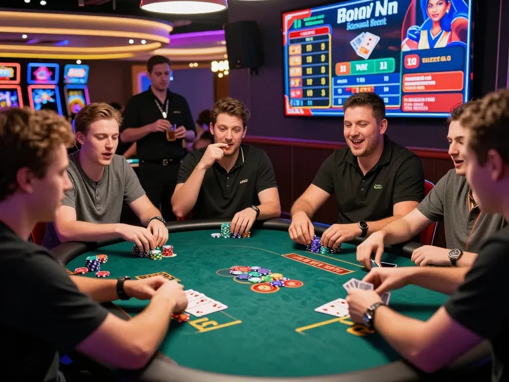 Exciting casino scene showcasing players enjoying Bomwin gaming experience at a vibrant table with bright lights.