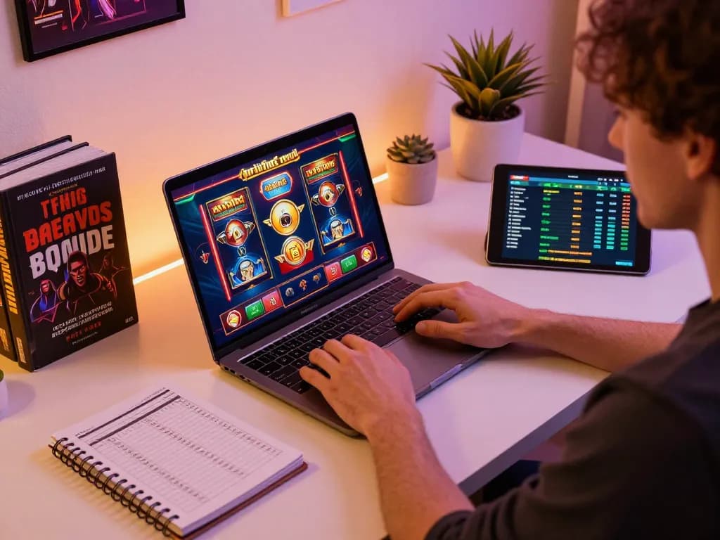 Engaging with online slots on a laptop for 789win nổ hũ, showcasing strategic bankroll management.