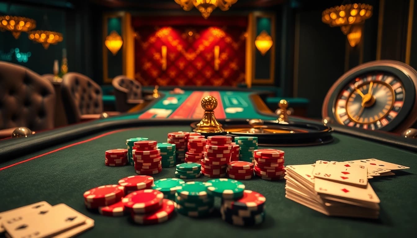 Engage in high-stakes gaming with rik vip's luxurious casino ambiance showcasing poker chips and roulette wheels.