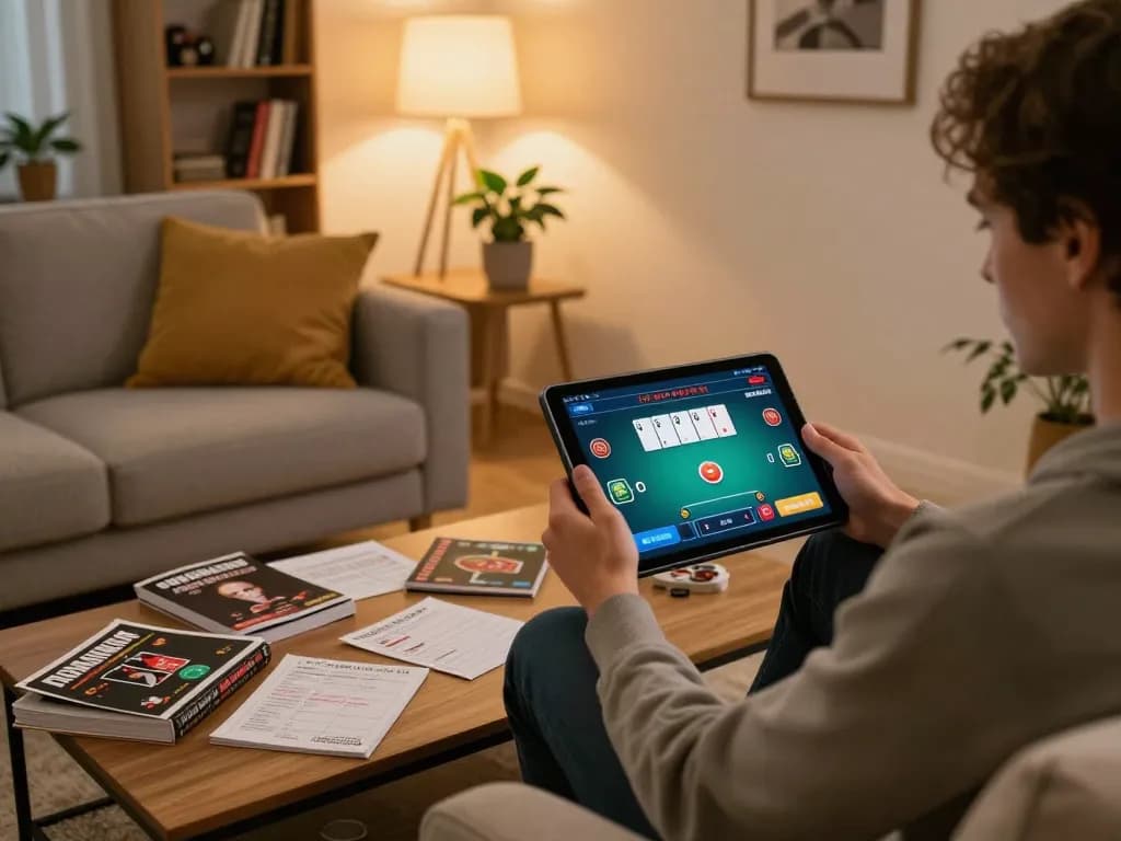 Player enjoying max88 online poker gaming on tablet, surrounded by strategy notes and an inviting home setting