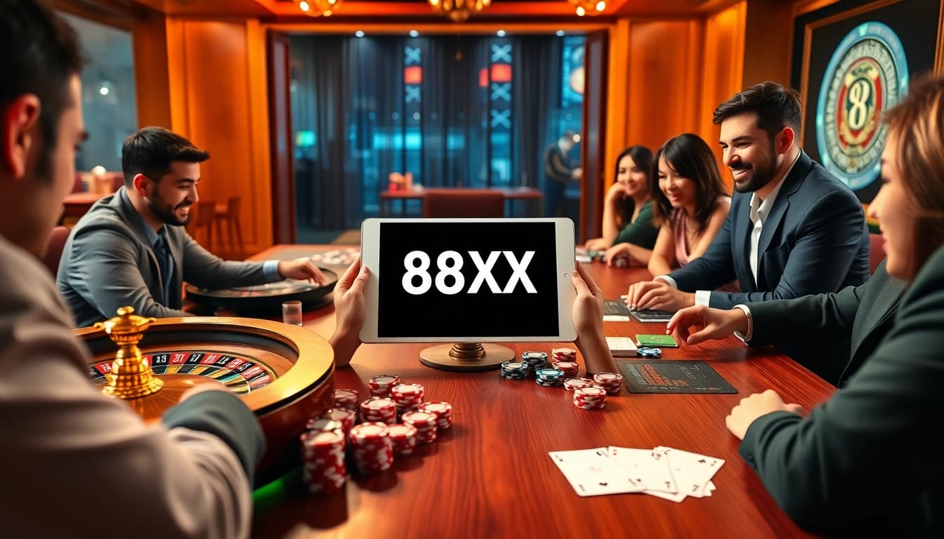 Experience the thrill of gambling with the 88XX app displayed amid lively casino elements like chips and cards.