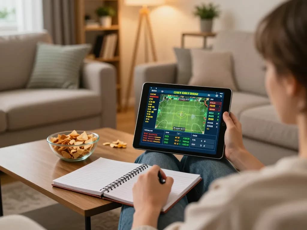 Engaging online sports betting session using a tablet for keo nha cai 5 in a cozy living room.