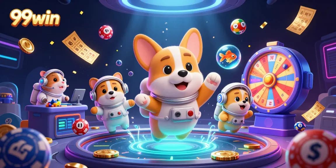 Experience the thrill of 99win in this dynamic casino scene filled with colorful lottery elements.