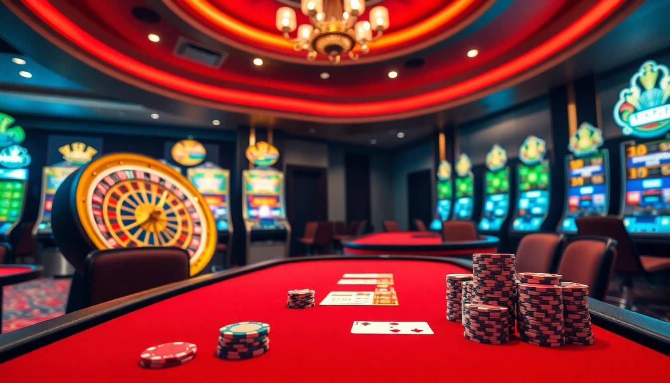 Experience the thrill of betting at sunwin.loans with a vibrant casino scene featuring a roulette wheel and poker table.