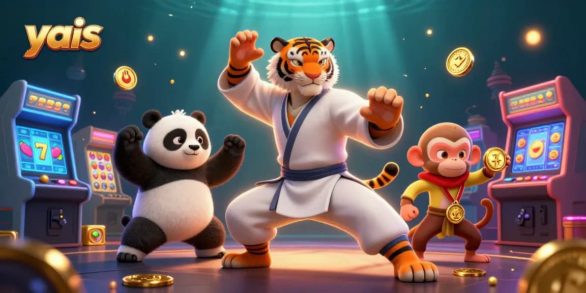 yais panda student steals a golden medal amid vibrant slot reels in a lively casino scene.