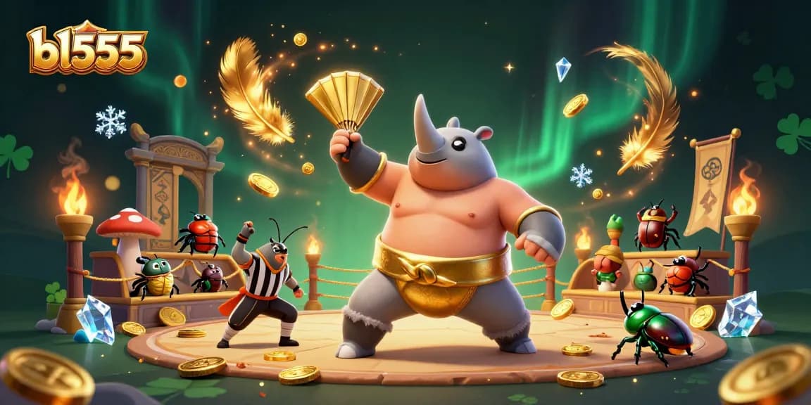 Engage with bl555 through stunning 3D cartoon illustration of a sumo champion beetle in a dynamic casino scene.