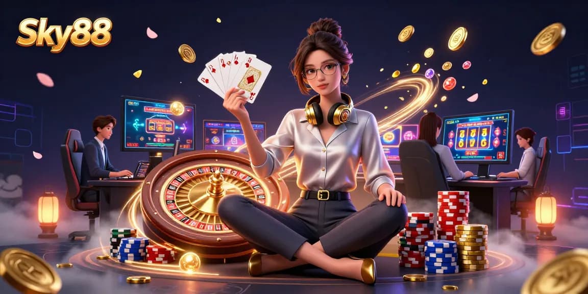 Engage with Sky88's exciting gaming experience featuring a professional gamer in a high-tech casino setting.