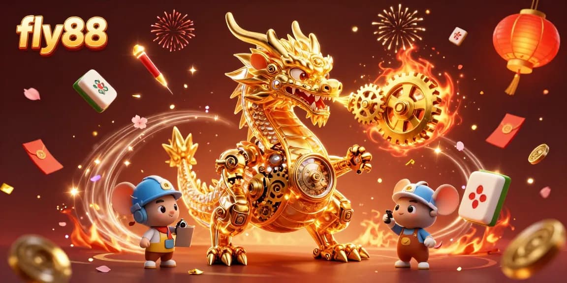 Experience thrilling moments at fly88 as the golden dragon interacts with vibrant game elements in a captivating online casino.