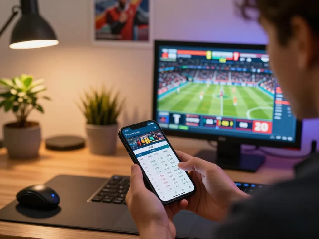 Placing online bets for tỷ lệ kèo trực tuyến on a smartphone within a modern home office