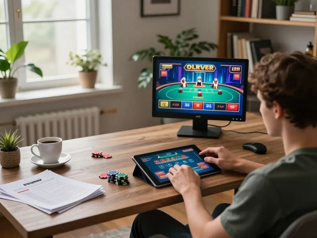 Engaging in online gaming at home, showcasing 98win1's vibrant poker interface for a strategic gaming experience.