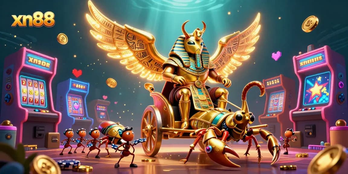 Spin the reels with xn88’s vibrant 3D illustration of a golden scarab beetle and casino treasures.