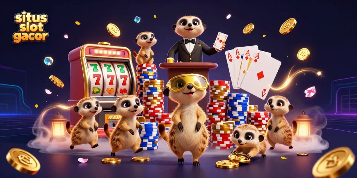 Winning at situs slot gacor with meerkats showcasing dynamic casino illustrations and vibrant game elements.