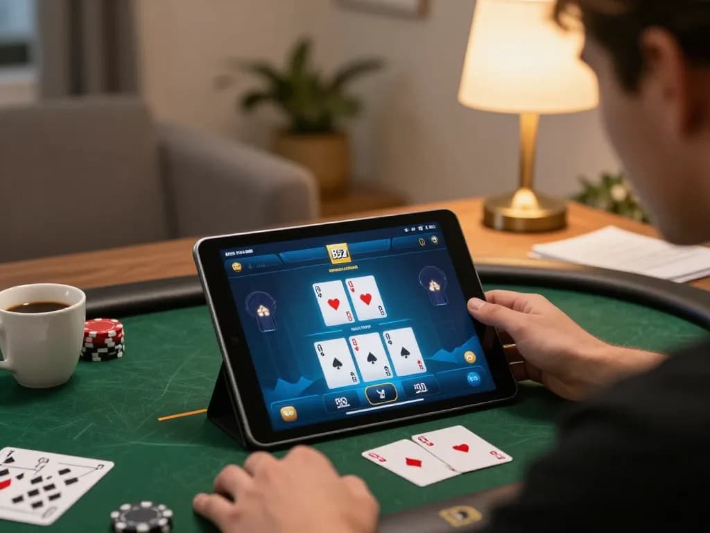 Engaging poker scene on B52 club app within a cozy home setting, showcasing a player's strategy.