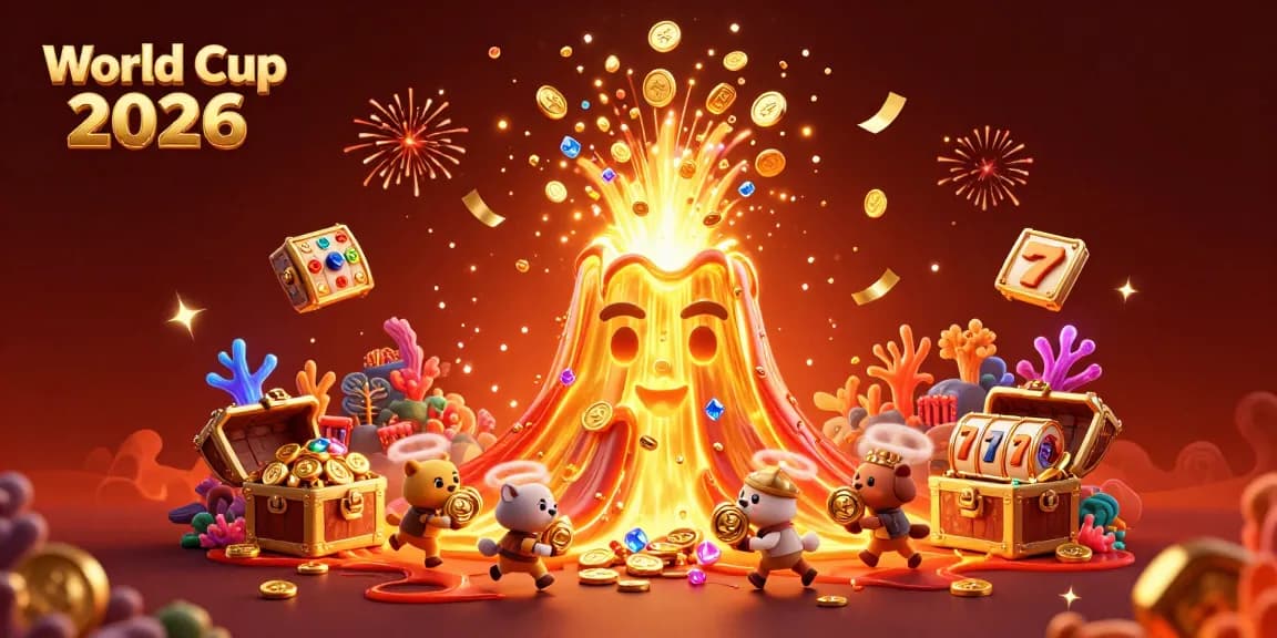 Experience the excitement of World Cup 2026 with a golden volcano erupting treasure in a lively casino-themed scene.
