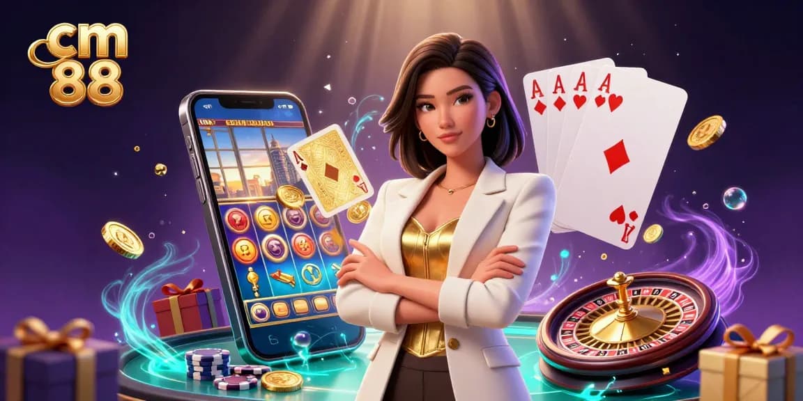 Experience the excitement at cm 88 with a powerful Asian woman confidently displaying her casino skills amidst a vibrant gambling scene.