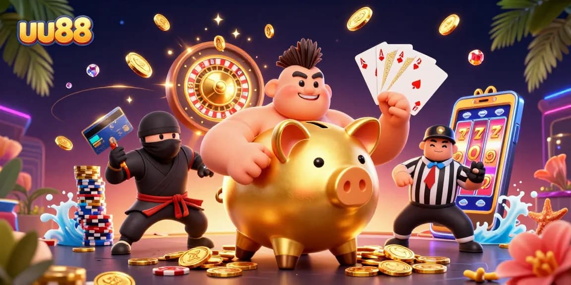 uu88's dynamic casino scene featuring a golden piggy bank wrestler amidst cascading coins, vibrant gameplay action